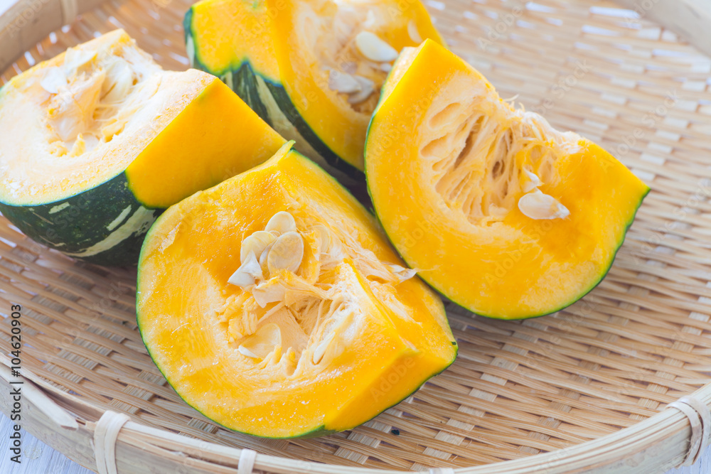 Kabocha, is Japanese pumpkin slice or green pumpkin on white background