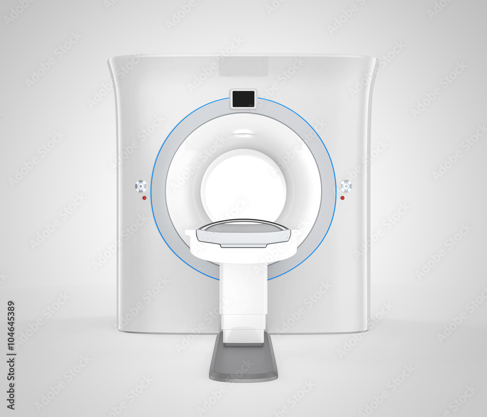 Front view of MRI(magnetic resonance imaging) scanner isolated on gray back ground. Clipping path av