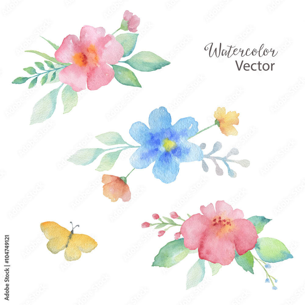 Watercolor colored bouquets of flowers.