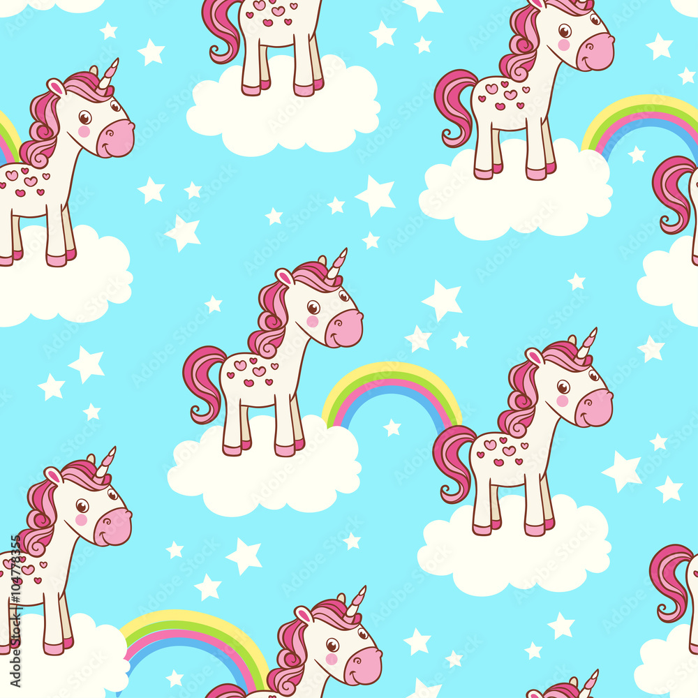 Cute seamless pattern with unicorn. Vector childish background can be used for wallpapers, pattern f