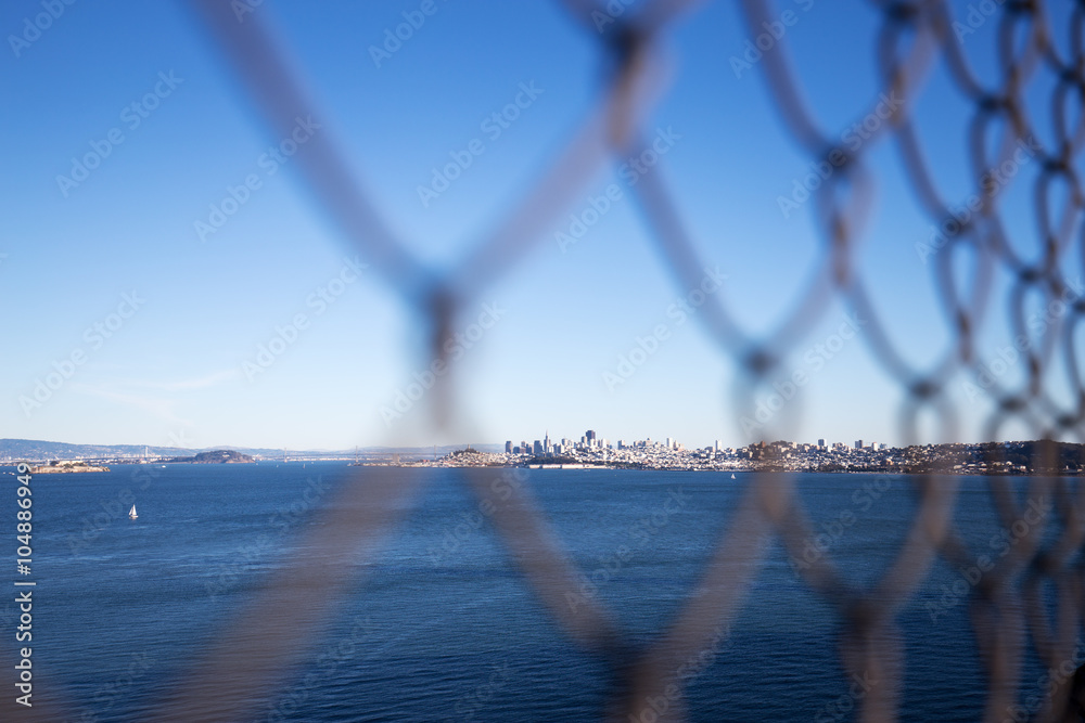 steel net with sea background