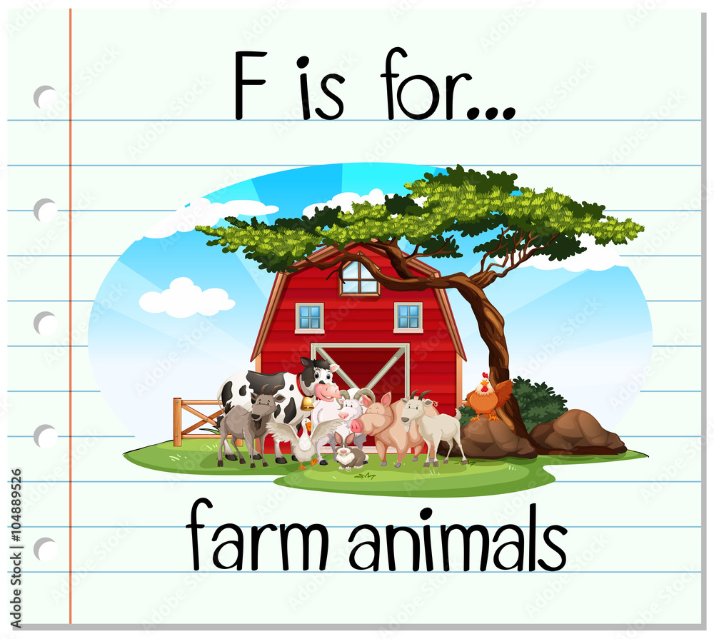 Flashcard letter F is for farm animals