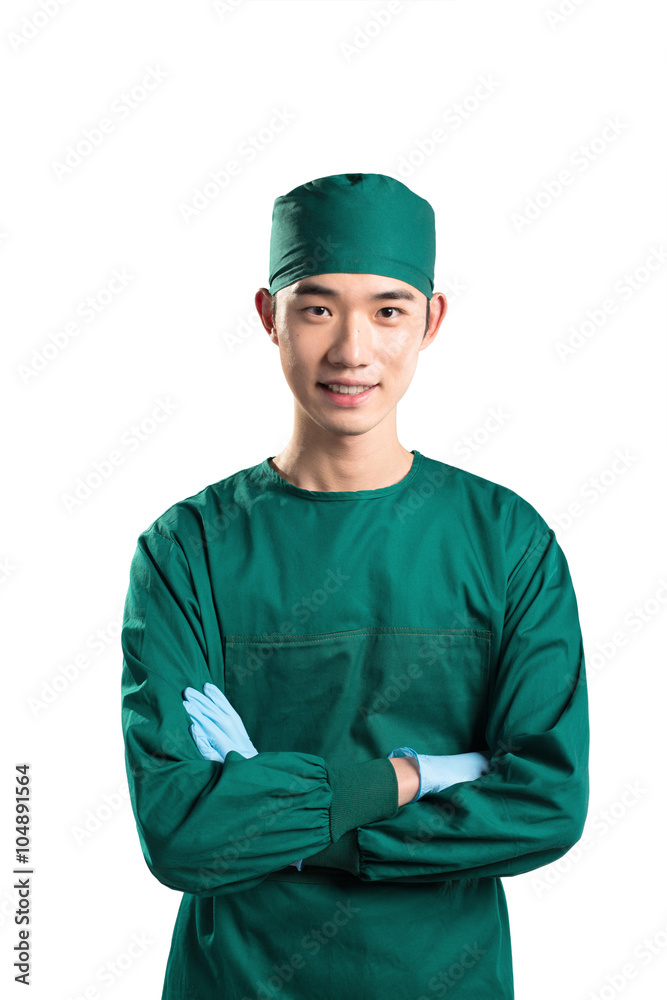 isolated asian young man doctor in green on white background