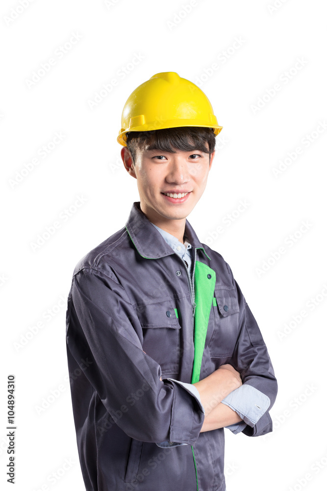 isolated young handsome asian technician on white background