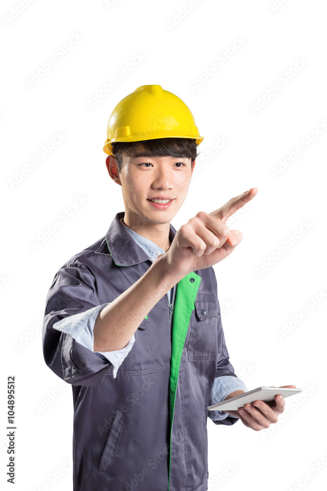 isolated young handsome asian technician on white background