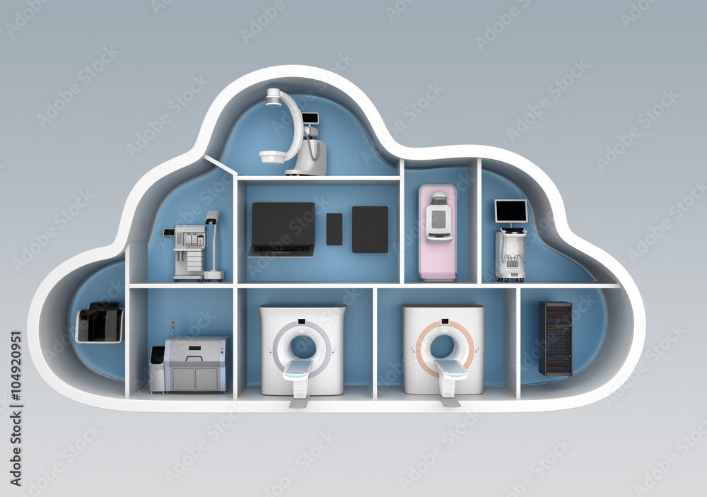 Medical imaging system and PACS server, 3D printer in cloud shape container. Concept for medical clo