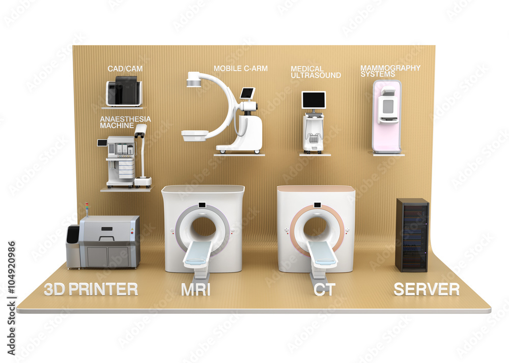 淡金色展览舞台上的医学成像系统。医疗数字化工作流程的概念