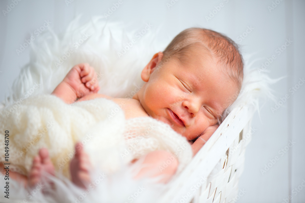 Cute newborn baby sleeps in basket