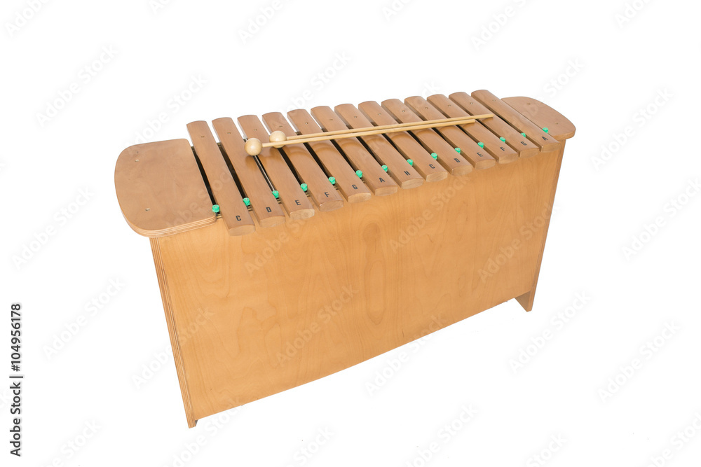 The xylophone and two mallets on the white background