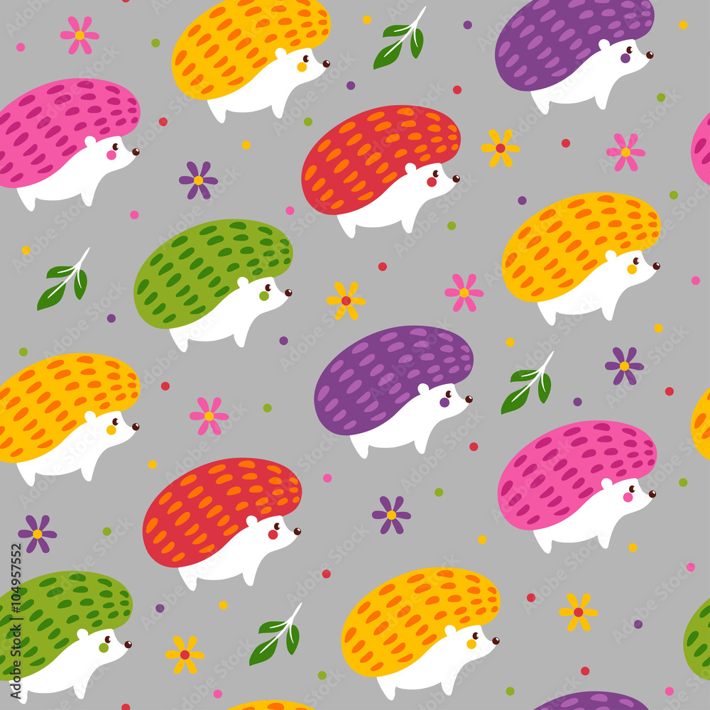 Vector seamless pattern with funny cartoon hedgehogs. Cute cartoon background can be used for wallpa