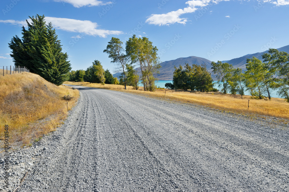 road near lake in summer day in New Zealand