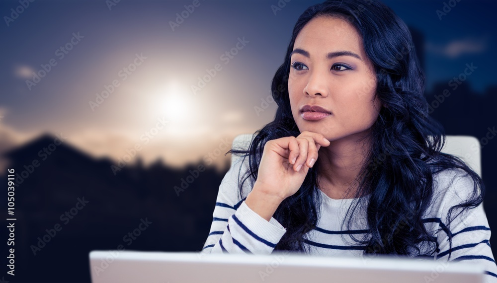 Composite image of thoughtful asian woman with finger on chin