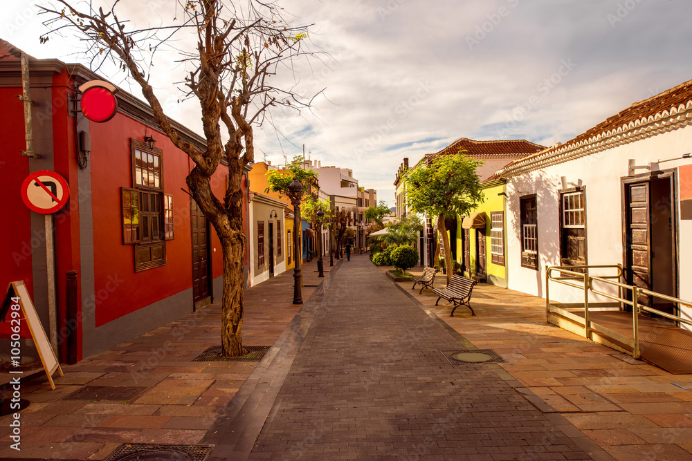 Street view with colorful buildings in the centre of Los Llanos city on La Palma island in Spain 