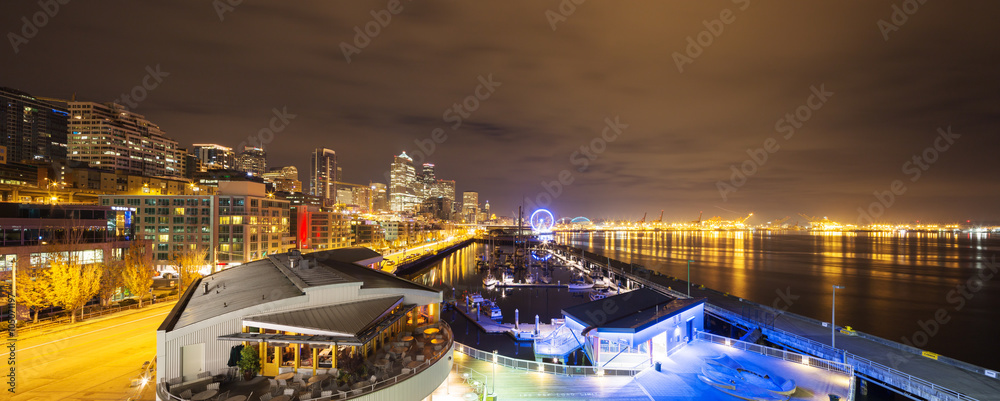 西雅图夜晚的城市景观和夜景