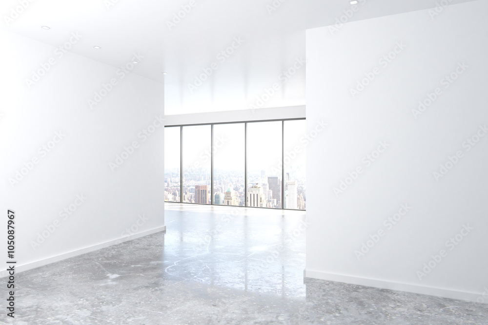 Modern empty loft room with big windows, white wall and concrete