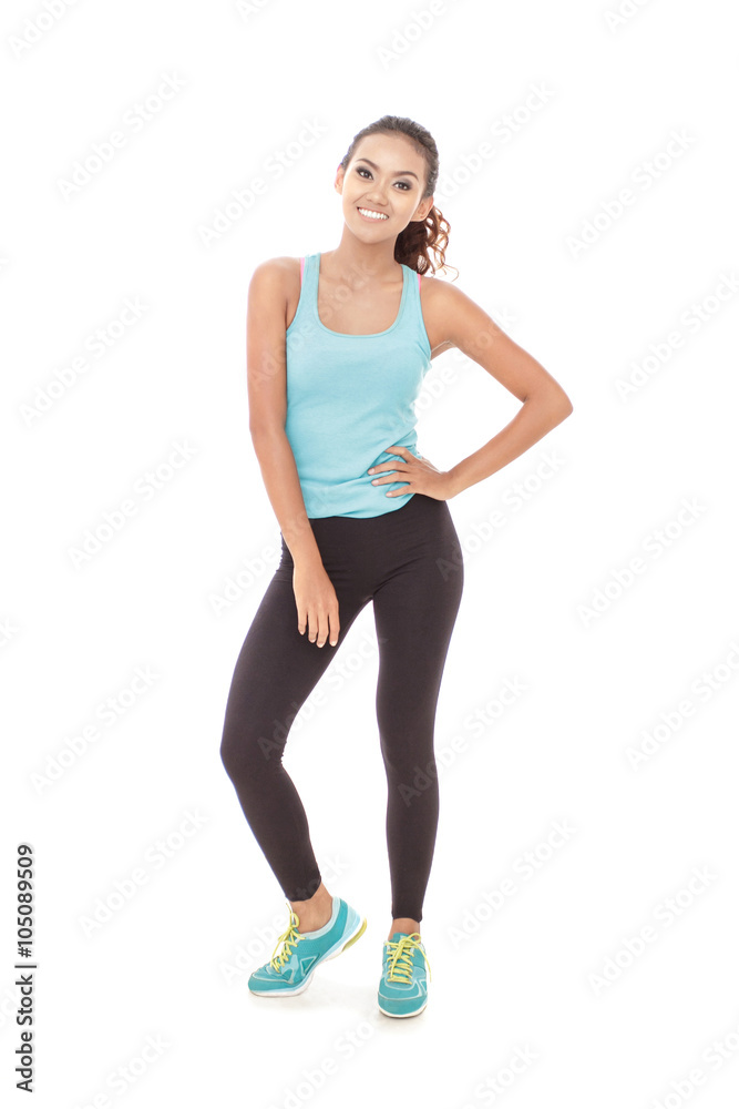 cheerful woman in sport style standing