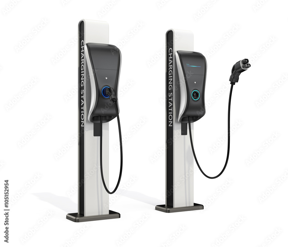 Electric vehicle charging station for public usage. Clipping path available.