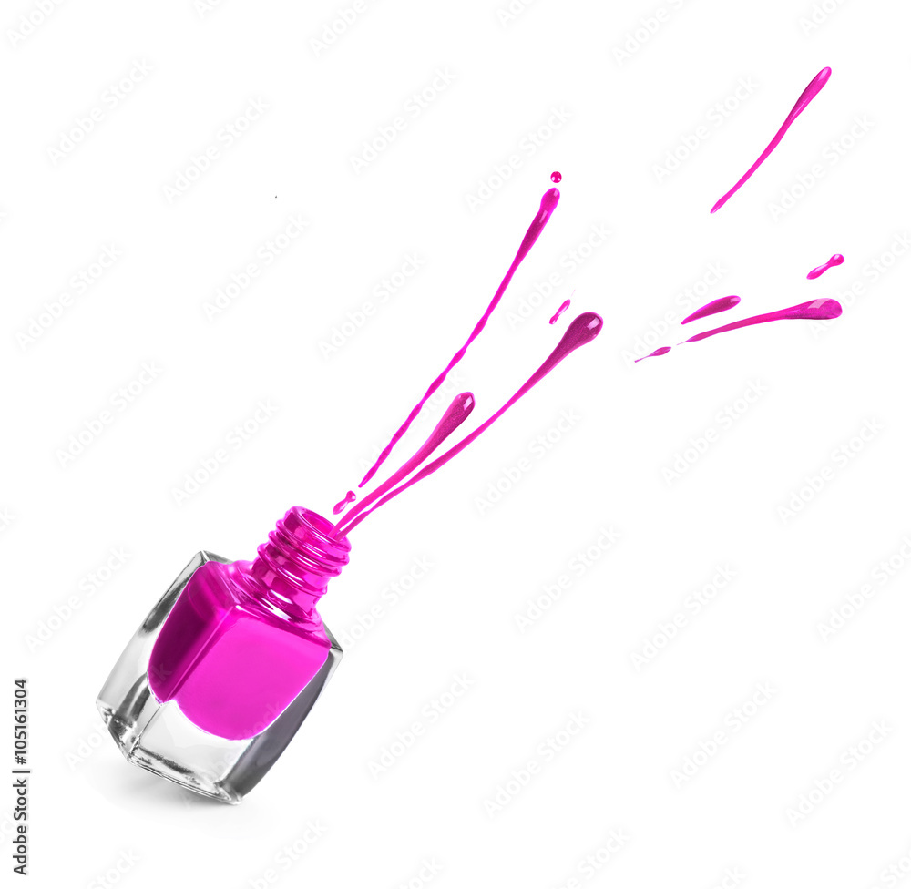 purple  nail polish bottle with splash isolated on white