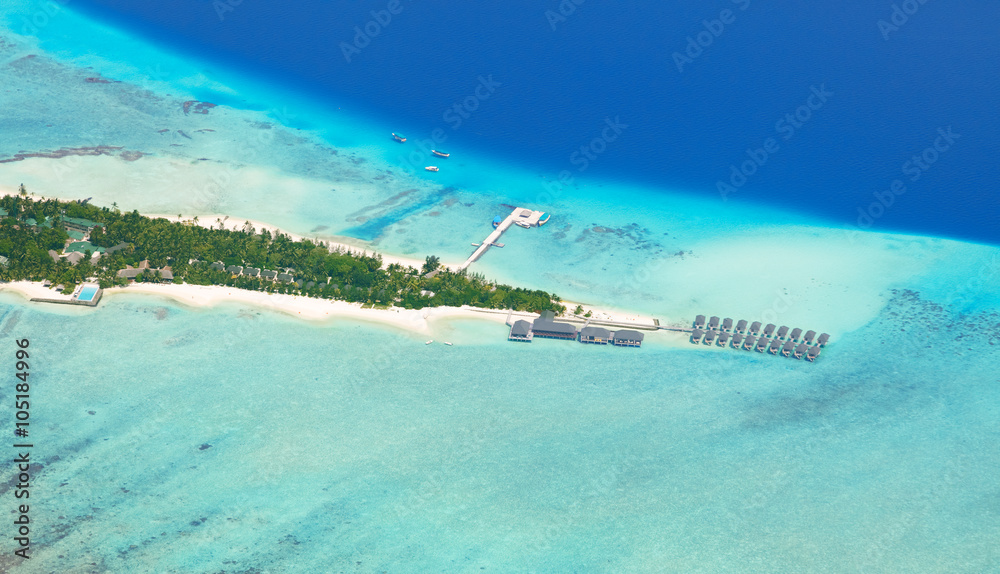 Aerial view on Maldives island, Raa atol