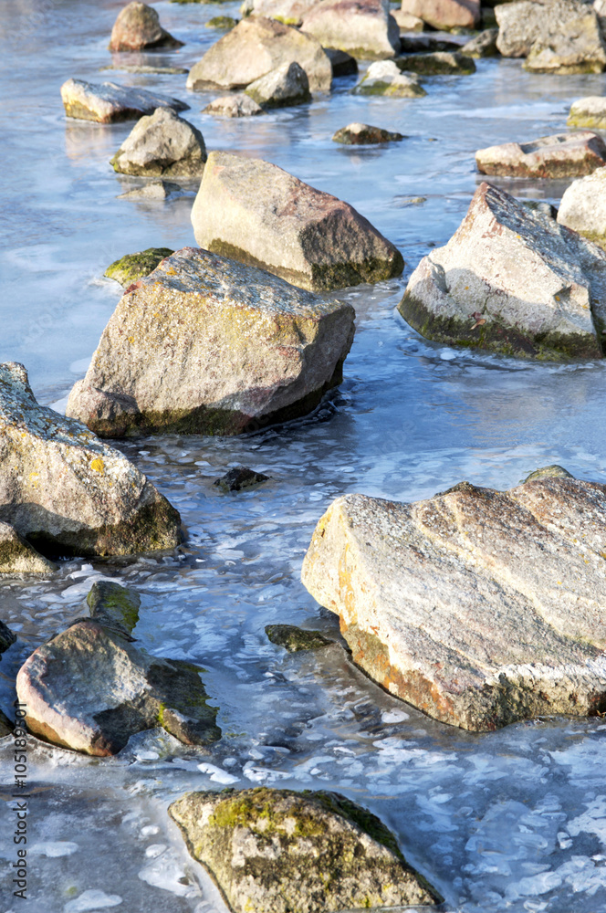 Stones on the frozen Lake Balaton, Hungary