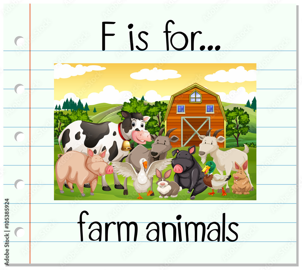 Flashcard letter F is for farm animals