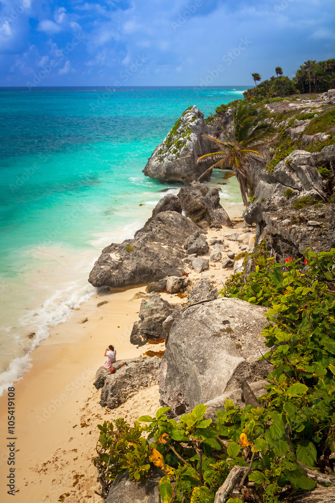 Idyllic Caribbean beach at the Mayan ruins temple of Tulum, Mexico