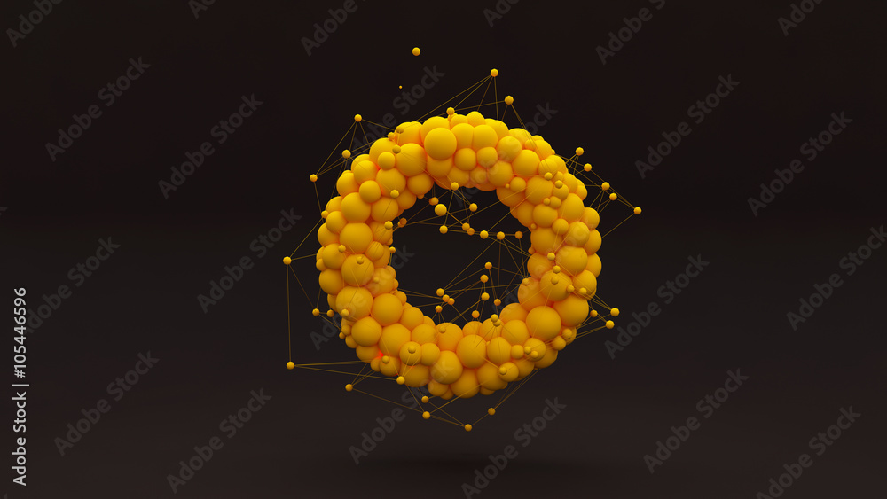 Stylish 3d abstract black background with balloons in the form of a torus (donut) and construction