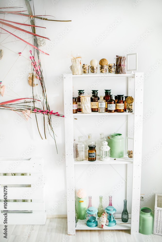 Wooden shelf with decorative elements