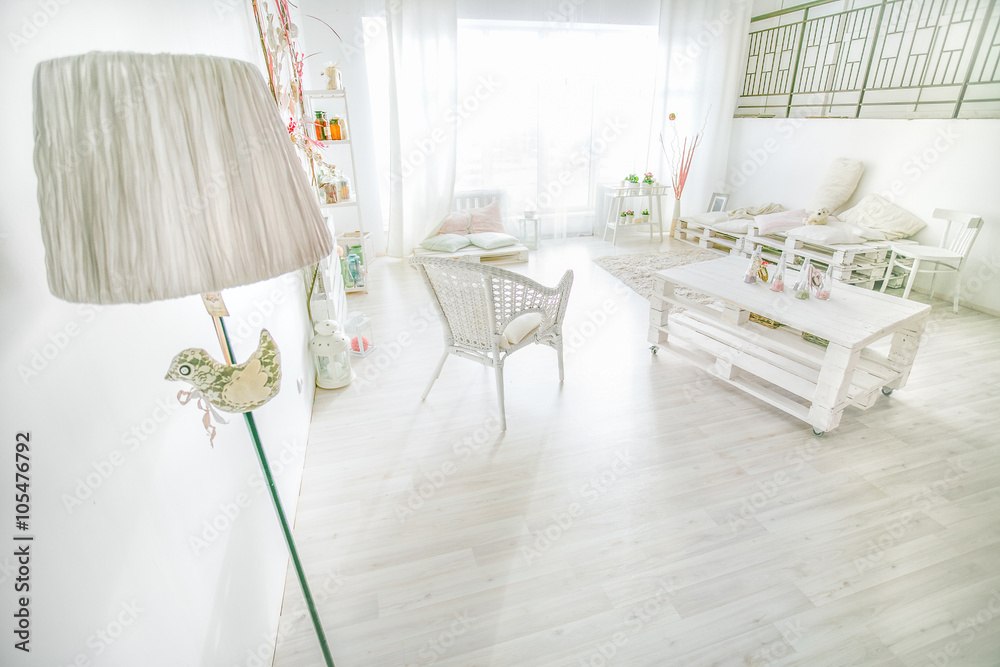 living home interior - white and bright sunny living room