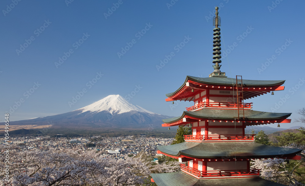 Mountain Fuji and red pagoda in cherry blossom sakura season