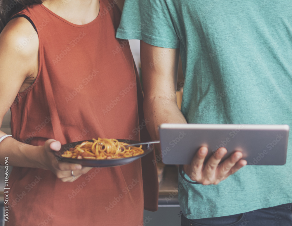 Couple Eating Spaghetti Sweet Moments Concept