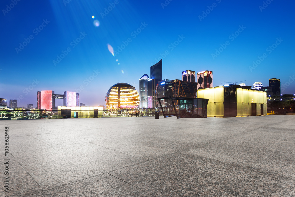 empty marble floor with cityscape and skyline of hangzhou