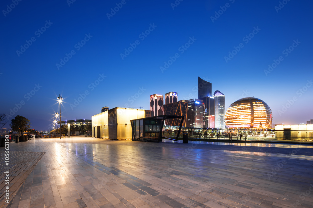 empty marble floor with cityscape and skyline of hangzhou