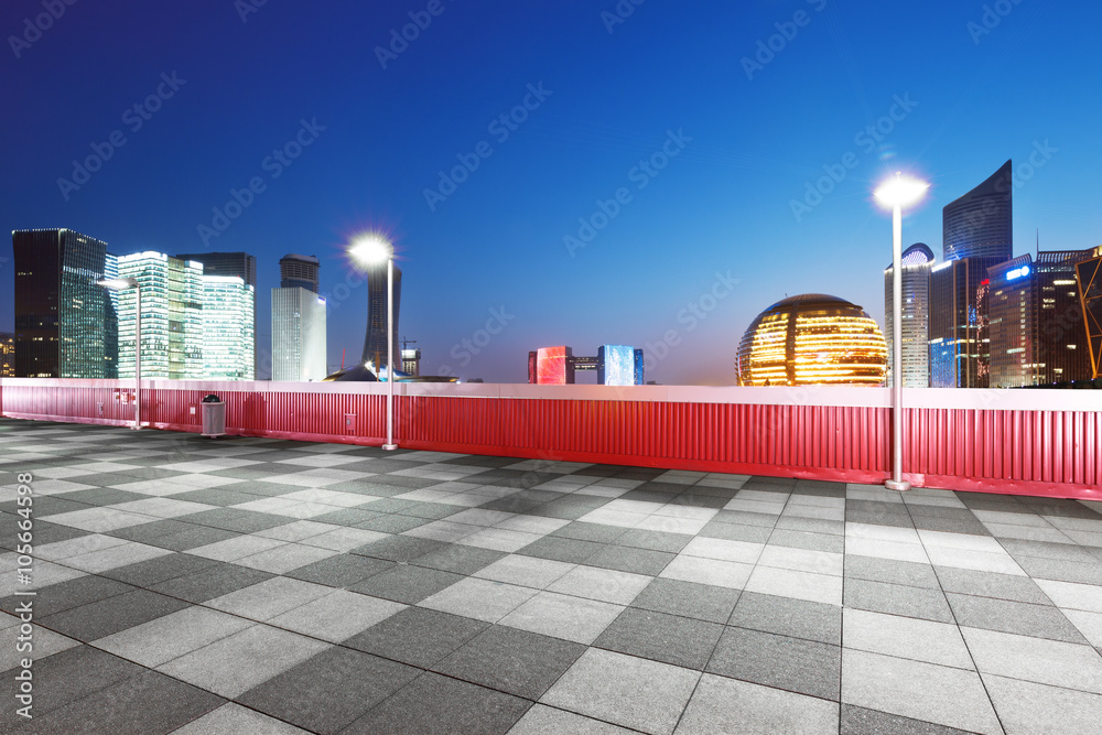 empty marble floor with cityscape and skyline of hangzhou