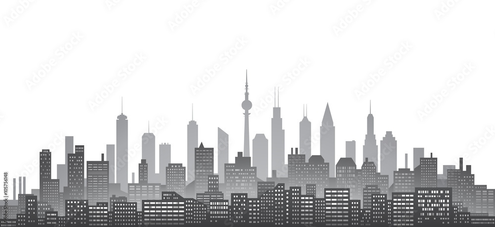 Black and white city skyline with urban skyscrapers