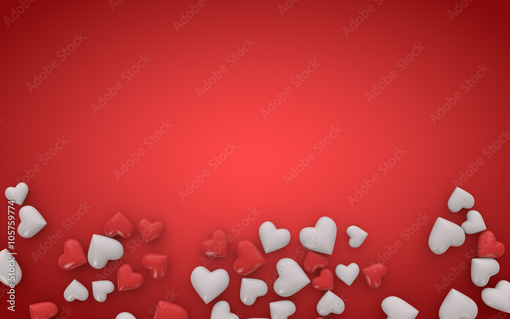 3d red and white hearts on red background