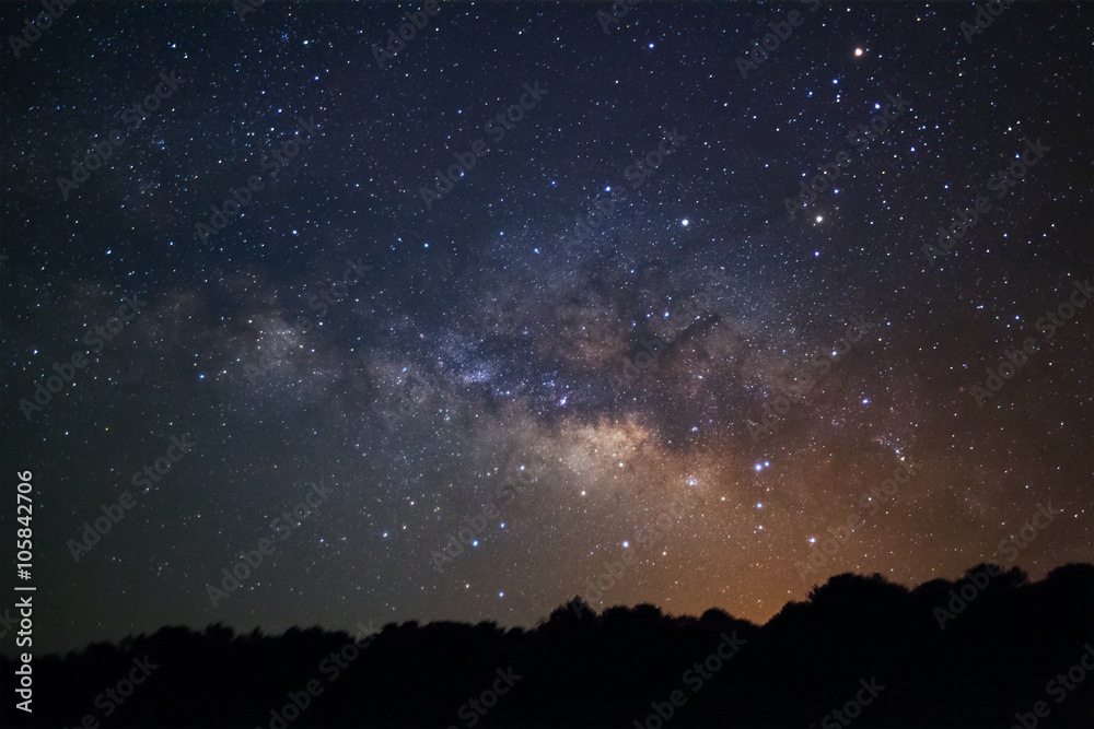 Milky Way Galaxy and Silhouette of Tree.Long exposure photograph