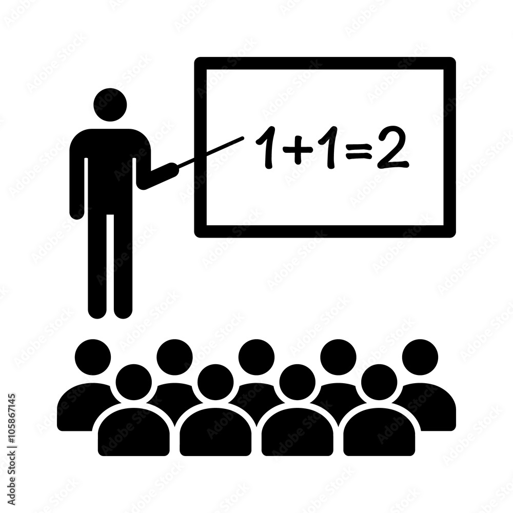 Math teacher with stick in classroom with students flat icon for education apps and websites