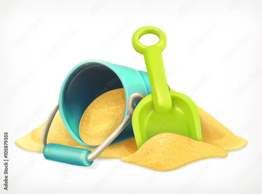 Shovel and bucket in the sand, toys vector icon