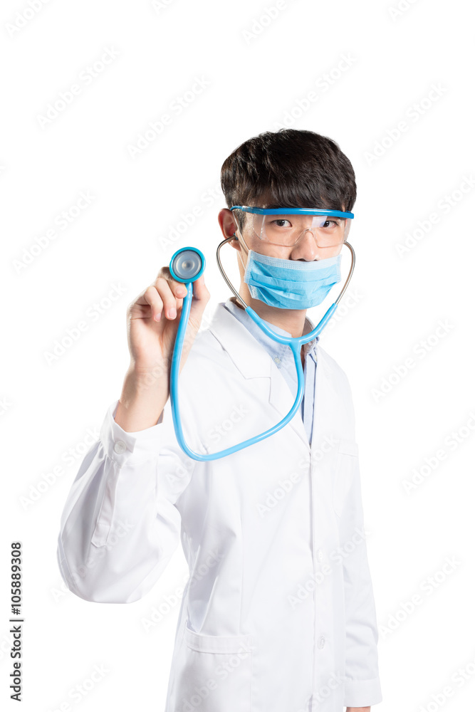 isolated young man doctor in white on white background