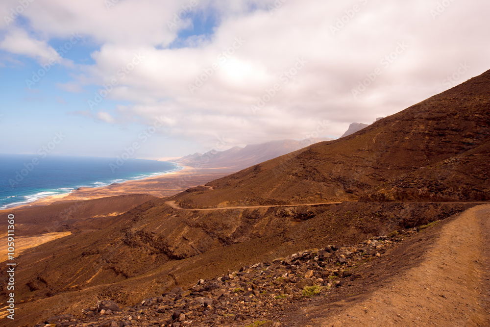 Top view on Cofete coastline the longest beach on Canary island