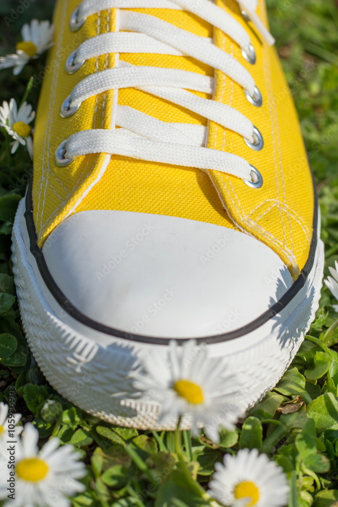 Yellow sneakers and spring flowers