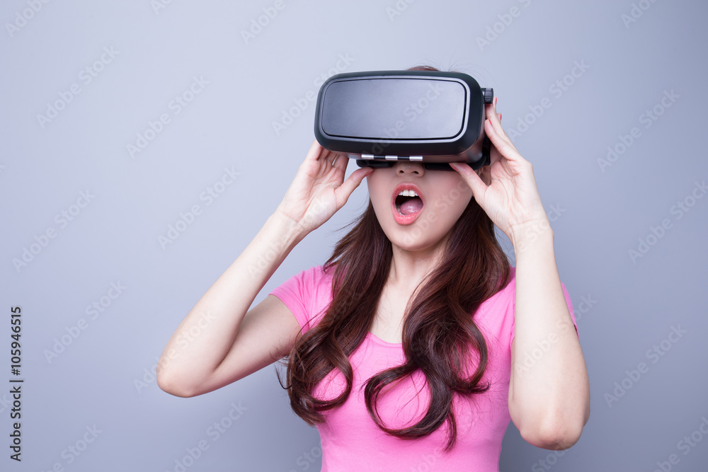 Afraid woman watching virtual reality