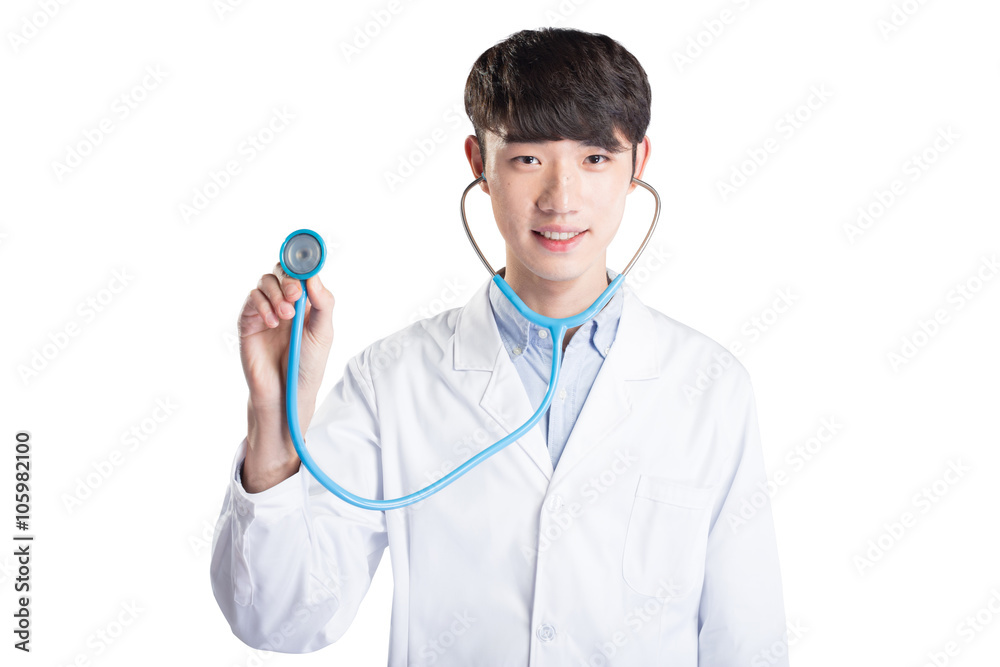 young handsome Asian man doctor on white background