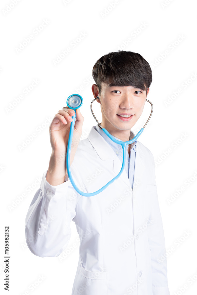 young handsome Asian man doctor on white background