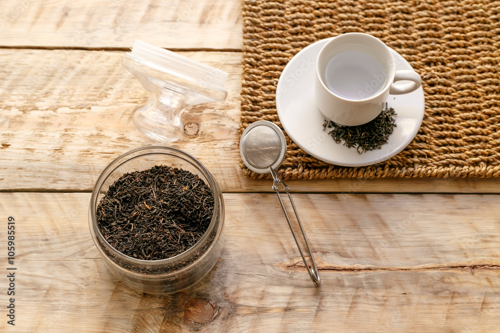 Tea set on the wooden background  top view