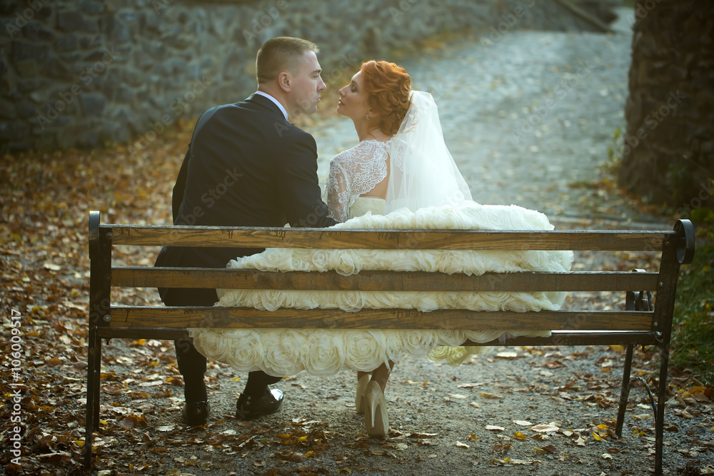 Wedding couple on bench