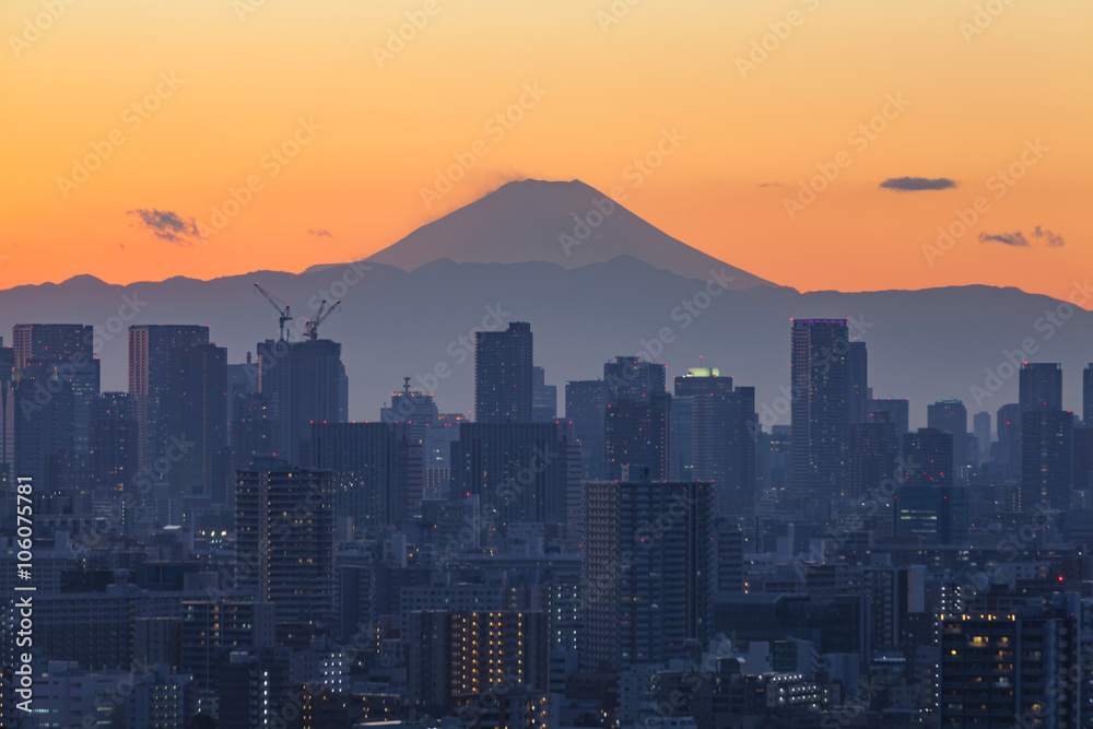 日落时分的富士山和东京城市景观