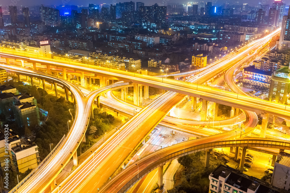 closeup of the city interchange at night