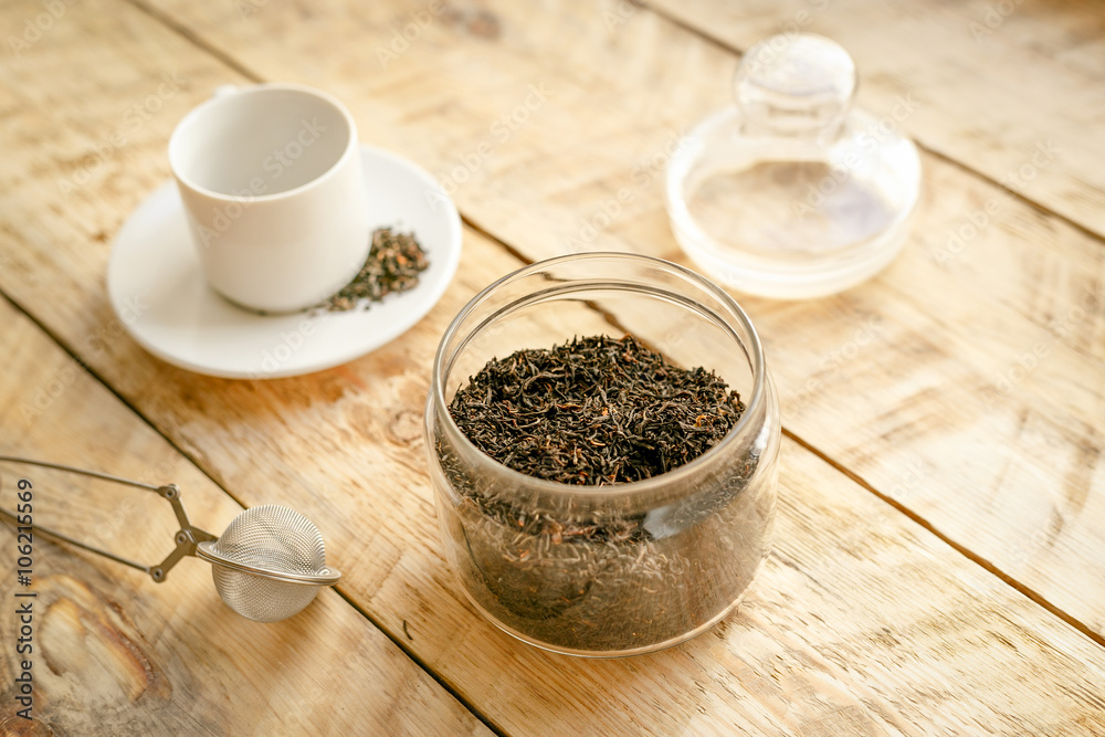 Tea set on the wooden table 